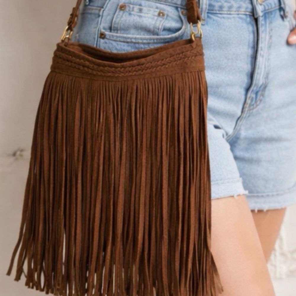 American Eagle Brown Suede Fringe Crossbody Bag Boho Festival Western - Picture 4 of 13
